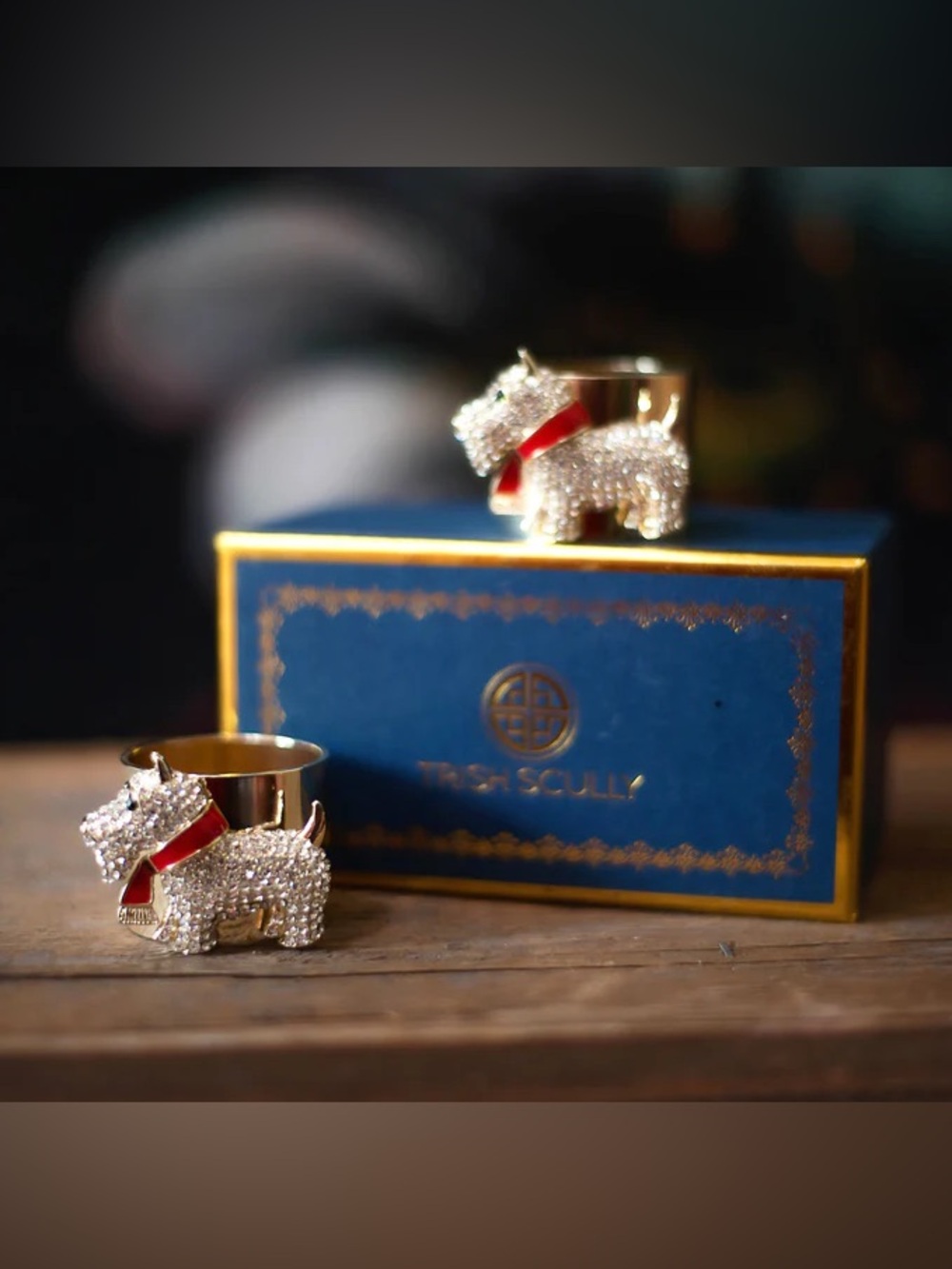 2 Scottie Dog Napkin Rings New in Box  Scottish Terriers Gold Plated Pave Jewels